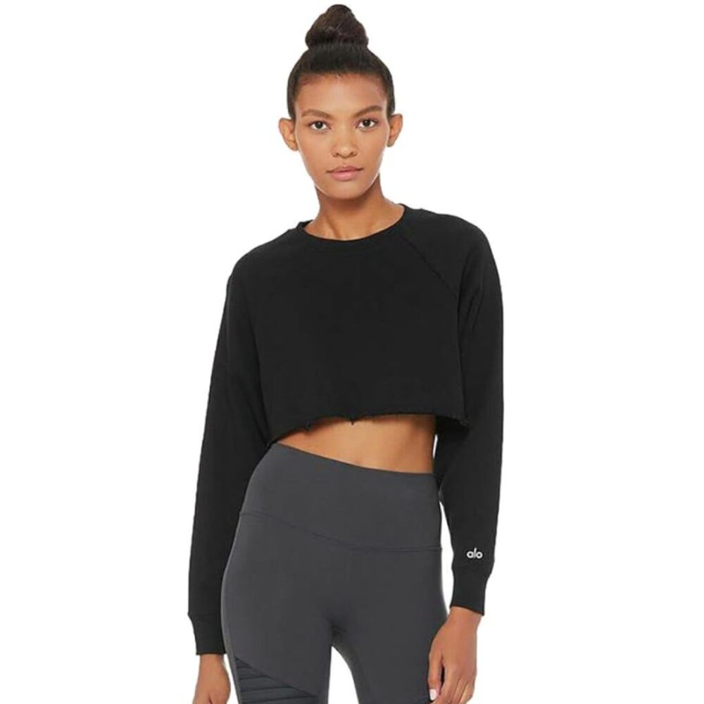 Alo Yoga Cropped Black Double Take Pullover Sweatshirt size Small